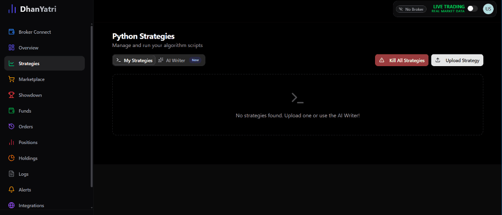 DhanYatri AI Strategy Writer Interface