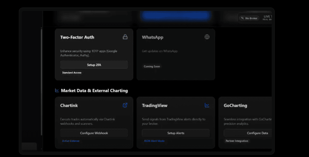 DhanYatri broker and tool integrations including Zerodha, AngelOne, TradingView, and Telegram